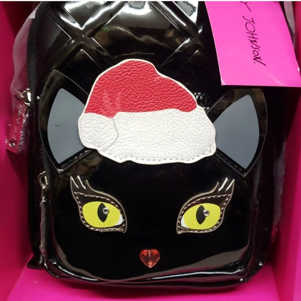Betsey Johnson Black Patent Leather Cat Santa Hat Backpack & Card Case Set
